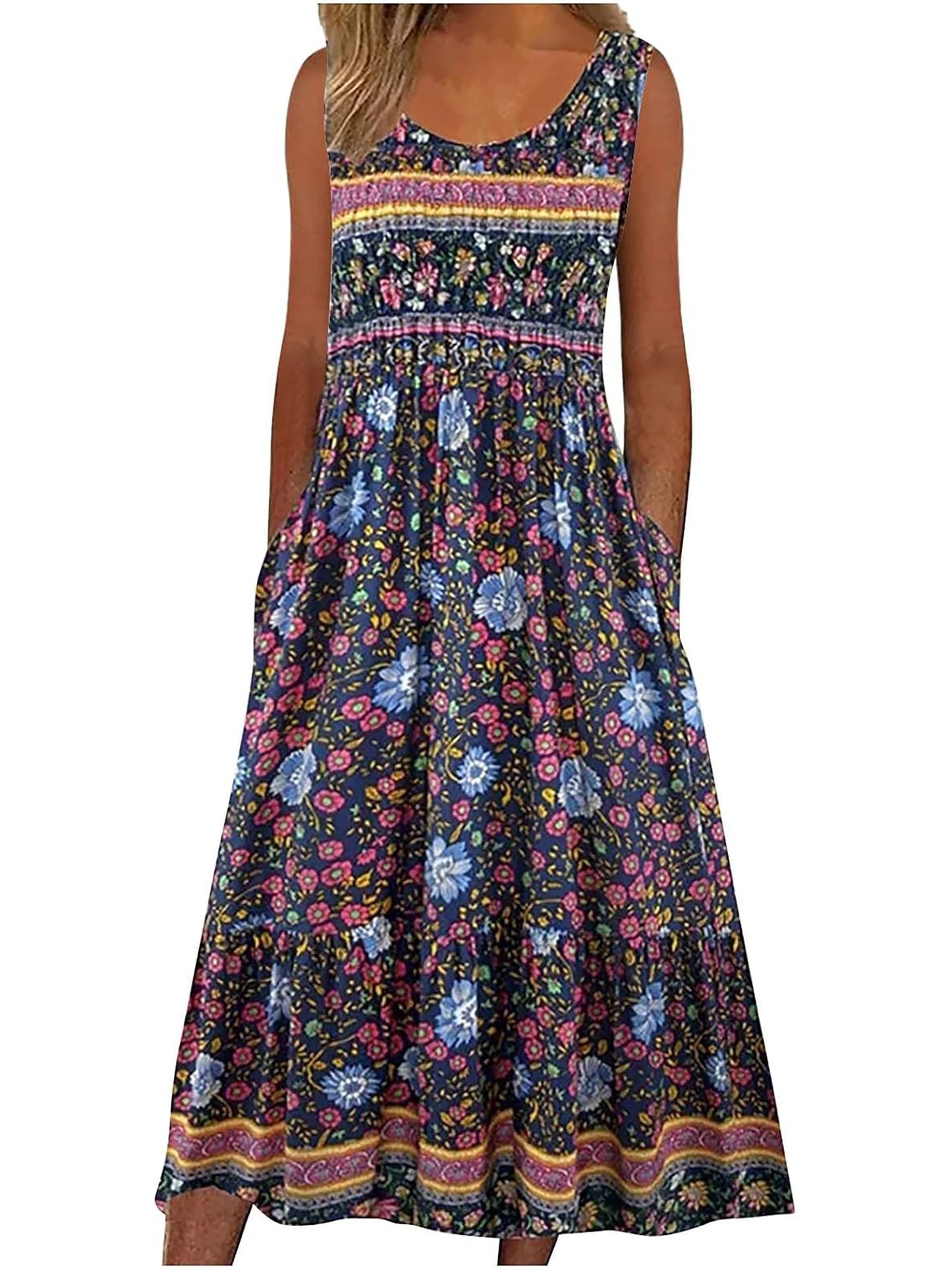 Sleeveless Boho floral casual  Midi length sundress with pockets and flowing loose Skirt. 7 Different patterns Up to 2XL