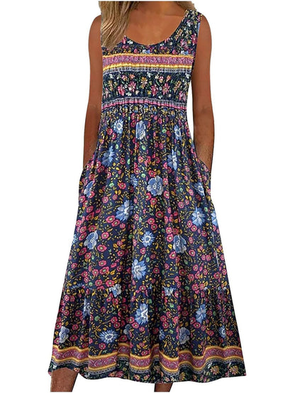Sleeveless Boho floral casual  Midi length sundress with pockets and flowing loose Skirt. 7 Different patterns Up to 2XL