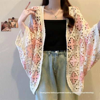 Bohemian Style Hollowed-out Long Sleeve Light Weight Sweater with V Neck and Batwing Sleeves