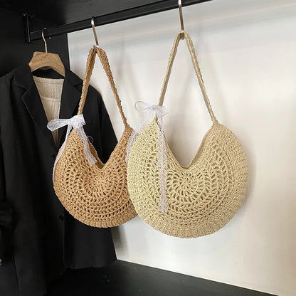 Casual Hobo Straw Shoulder Bags Handmade Weave Crossbody Bags Vintage