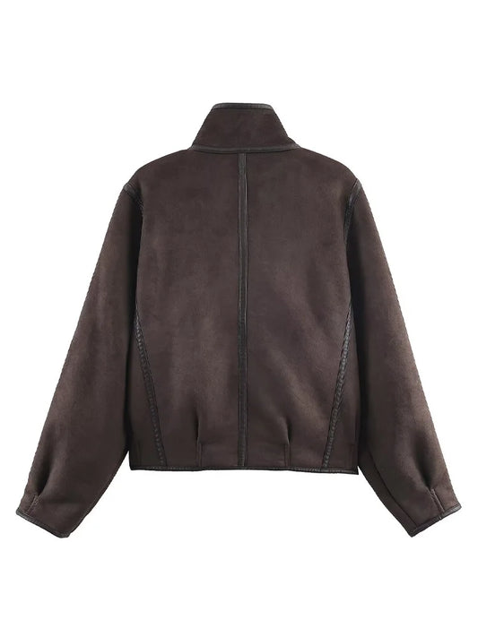 Elegant Pocket Decoration Double-sided Jacket Women Loose Long Sleeve Lapel Zipper Casual Coat