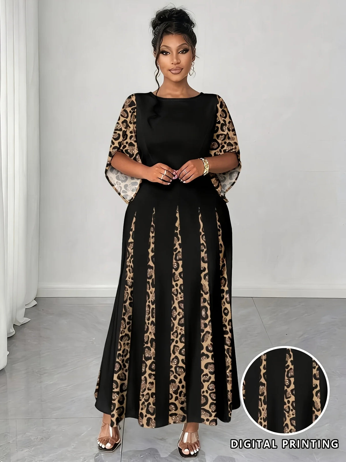 Sizes to 5XL in 3 colors, Elegant Leopard Print Maxi Dress, 3/4 Sleeve, Comfortable & Stylish