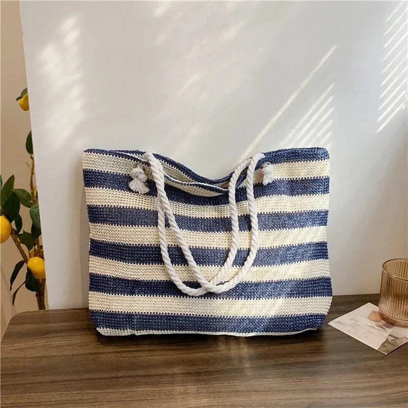 Woven Straw Shoulder Bag Large Capacity Striped 2 Handle Shoulder Bag