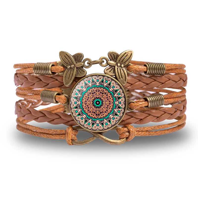 Vintage Mandala Flower Glass Dome Wrap Bracelet Multilayer Woven Leather Bracelets