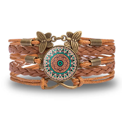 Vintage Mandala Flower Glass Dome Wrap Bracelet Multilayer Woven Leather Bracelets
