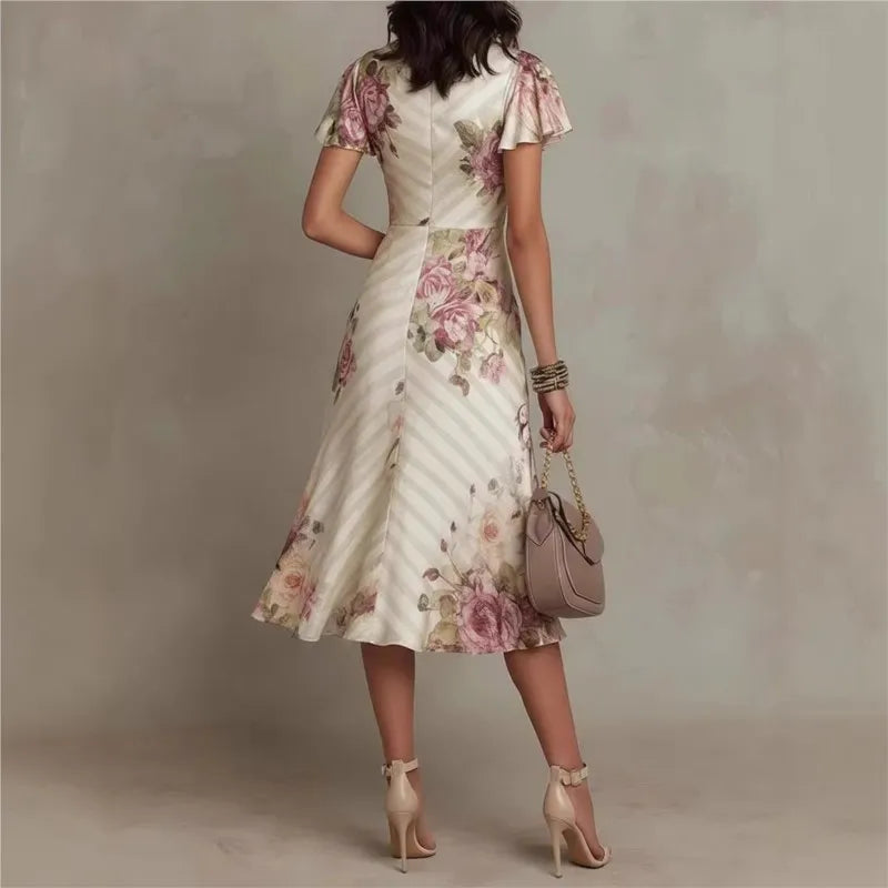 Boho Style Floral Print Midi Dress V Neck High Waist Short Bell Sleeves