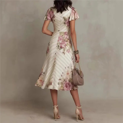 Boho Style Floral Print Midi Dress V Neck High Waist Short Bell Sleeves