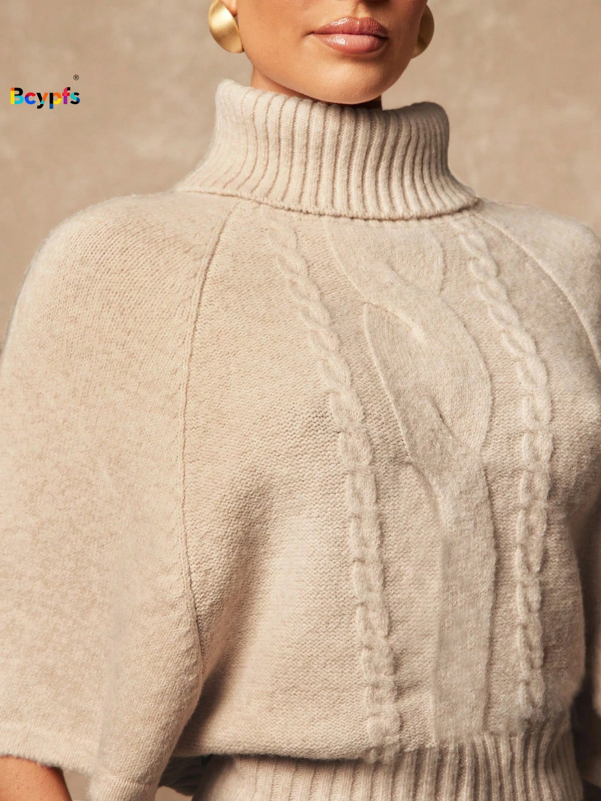 Beige Turtleneck Cable Knit Sweater with Short, Loose Batwing Sleeve, Loose Cropped Pullover