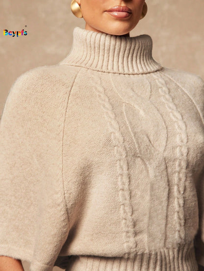 Beige Turtleneck Cable Knit Sweater with Short, Loose Batwing Sleeve, Loose Cropped Pullover