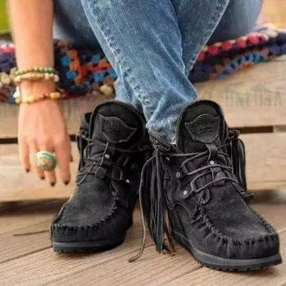 Lace-Up Boho Brushed Denim Ankle Boots with Ties and Tassels