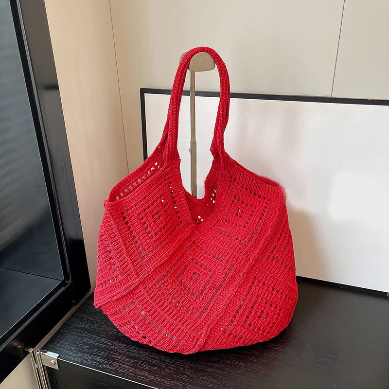 Hollowed Out Yarn Weaved, Large Capacity Shoulder Bags in Red, White, and Tan