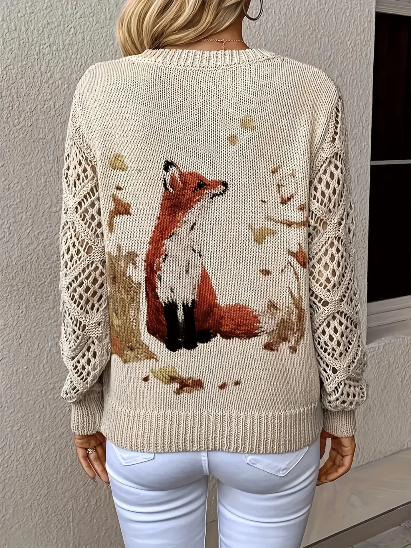 Boho Floral Print V Neck Crocheted Long Sleeved Sweater with Hollowed Out Knit Sleeves in 12 Different Designs