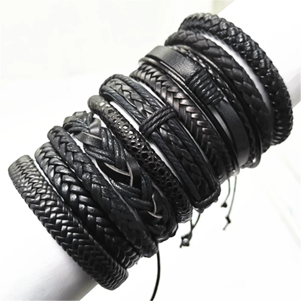 10 Pcs/set Black Wrapped and Woven Handmade Bracelets Male or Women Leather Bracelets
