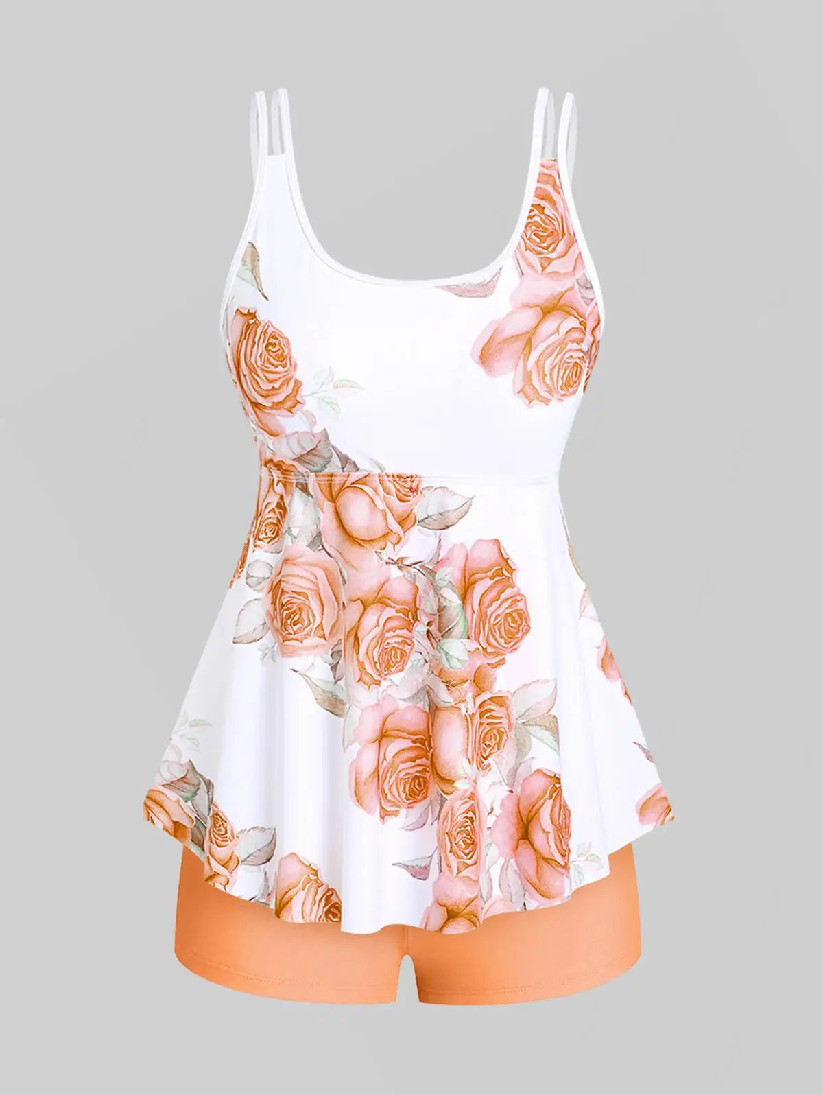 Sizes to 5XL. High Waisted Rose Print Modest Tankini Swimsuit