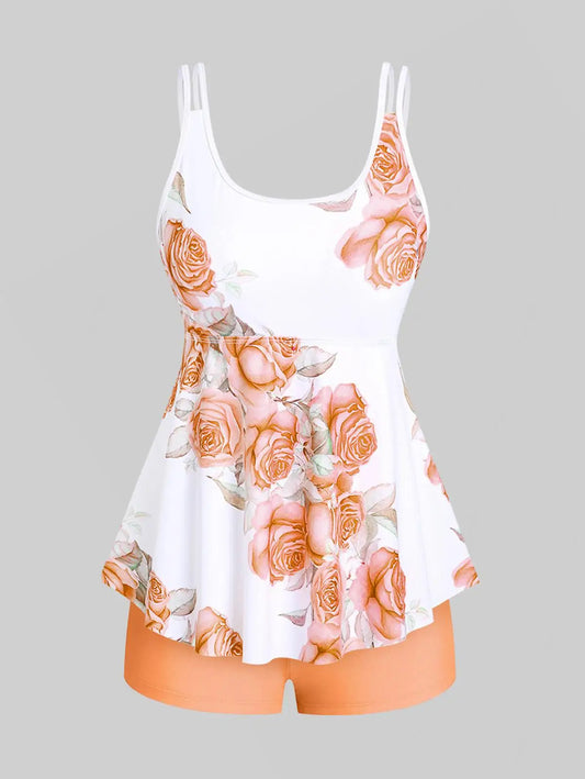Sizes to 5XL. High Waisted Rose Print Modest Tankini Swimsuit
