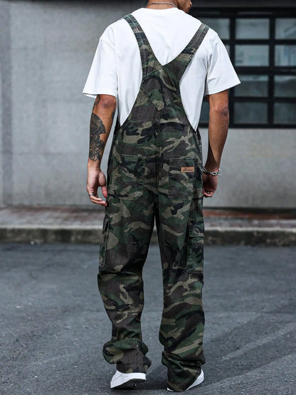 Denim Camo Overalls Adjustable straps Wide legs
