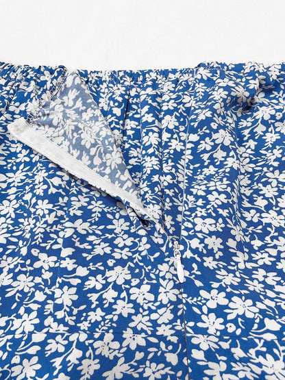 6 Boho Floral Prints, Ruched Split Thigh, Slight Puff Sleeves, Square Neck Dress
