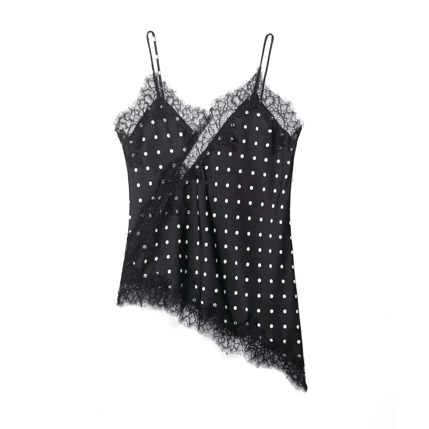 Polka Dot Sling Tops Asymmetric Hem Sleeveless V-Neck Lace Cami