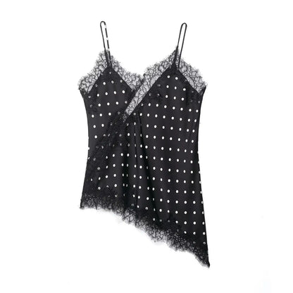Polka Dot Sling Tops Asymmetric Hem Sleeveless V-Neck Lace Cami
