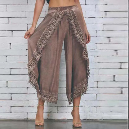 Boho Lace Harem Pants to 5XL, Loose Solid Wide Leg Arc-Shaped Pants with Angular Hem
