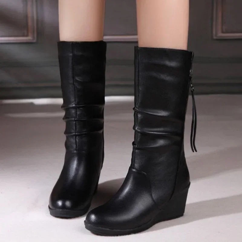 Boots with Wedged Heels, Thick Warm Wool Lining, Mid-calf Snow Boots