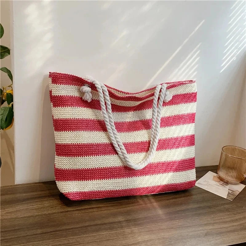 Woven Straw Shoulder Bag Large Capacity Striped 2 Handle Shoulder Bag