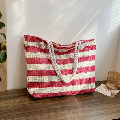 Woven Straw Shoulder Bag Large Capacity Striped 2 Handle Shoulder Bag