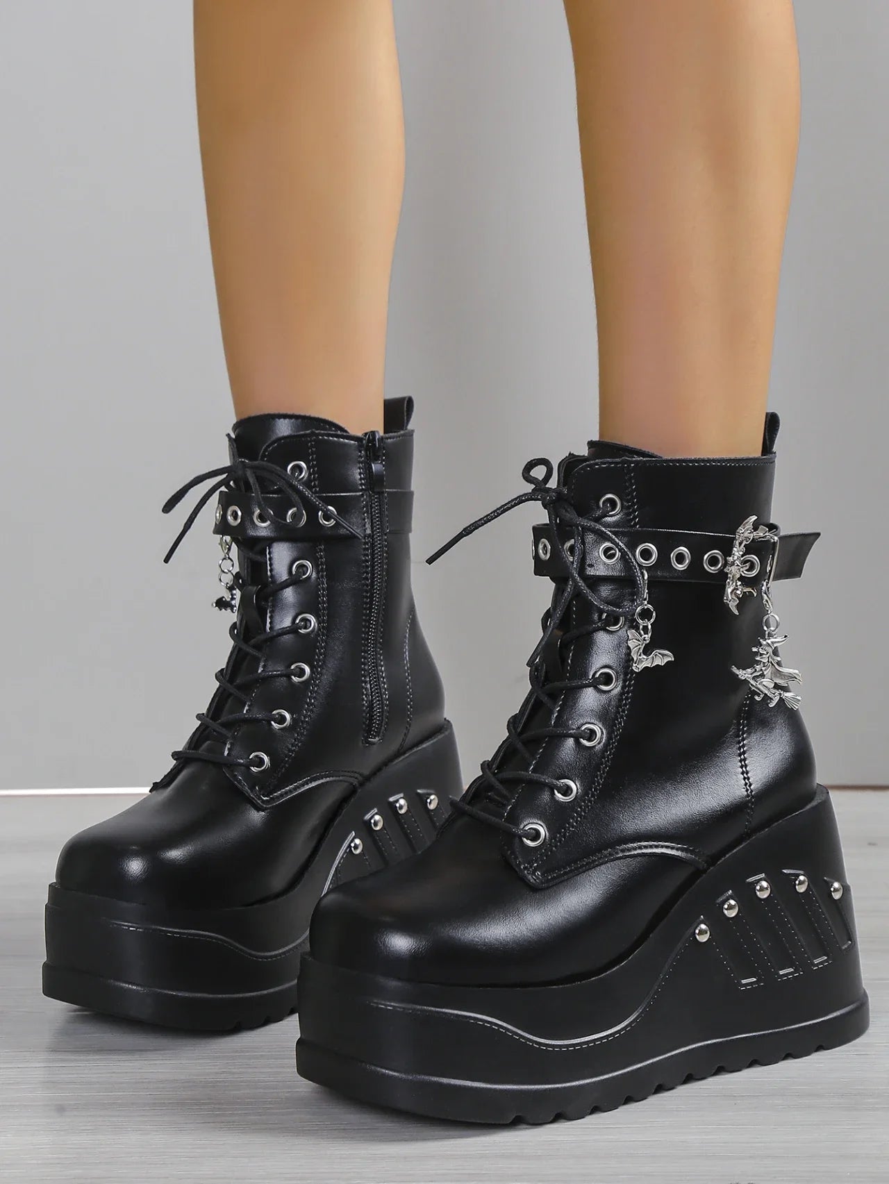 Punk Goth Platform Heels Wedge Heeled Boots, Tie and Strap Closures