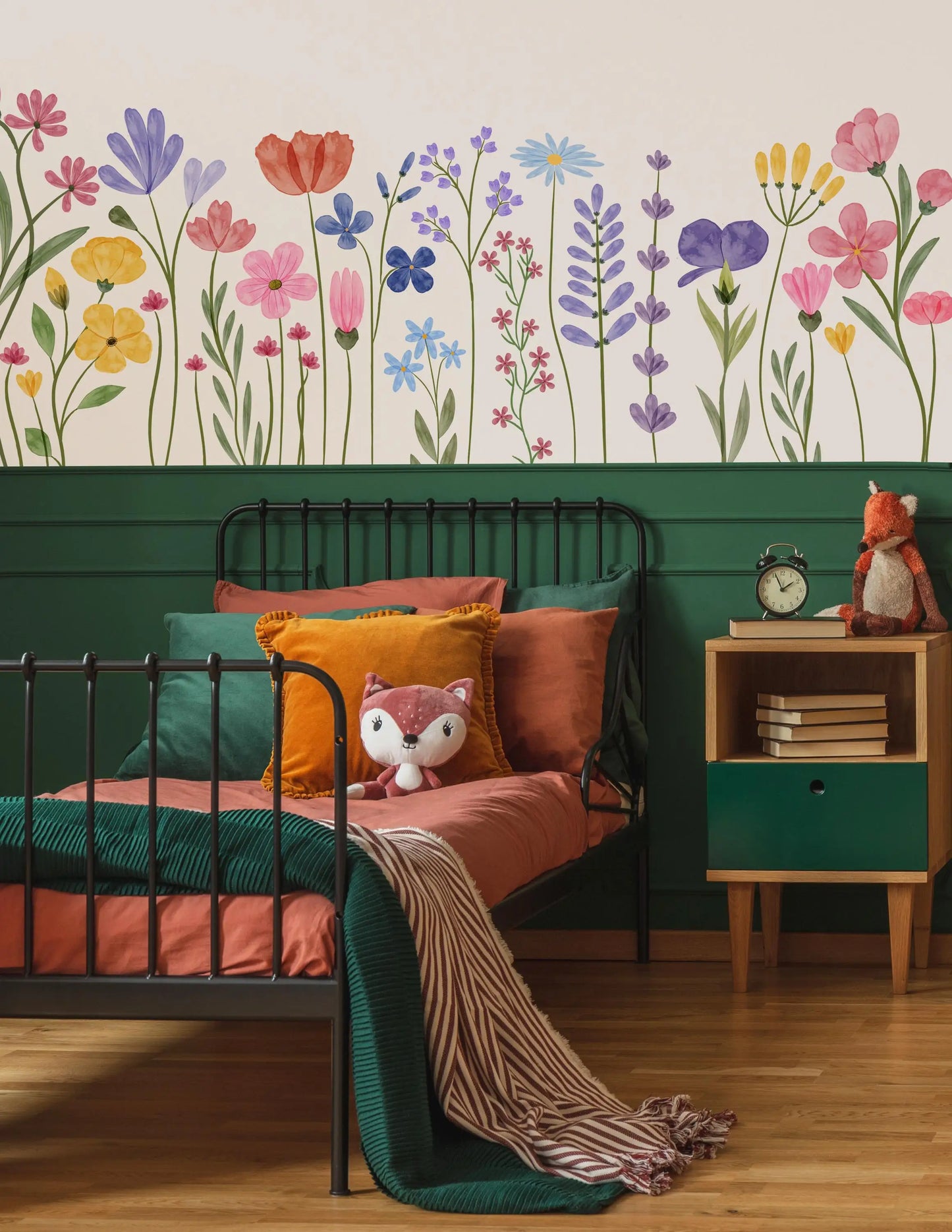 Boho Wildflower Vines, Baseboard Wall Stickers, Colorful Watercolor Floral Skirting Line, Wall Decals