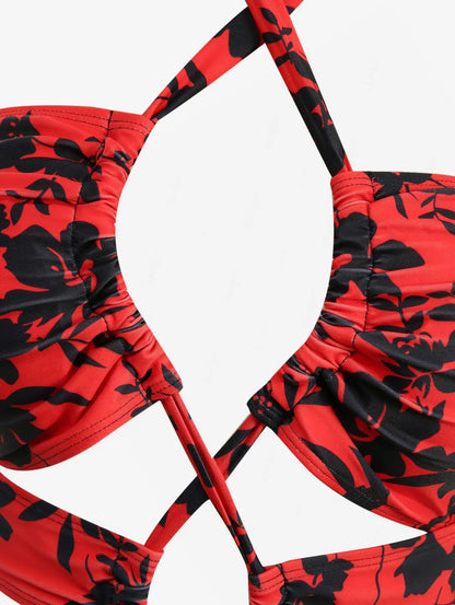 Sizes to 4XL, Red & Black Floral Tankini, 3-Piece with Skirt, Halter Neck, High Waist, Removable Padding, High Stretch Fabric