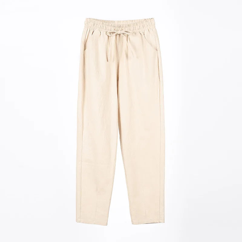 Cotton Linen Blend in 5 Different Solid Colors, Elastic Waist with Tie