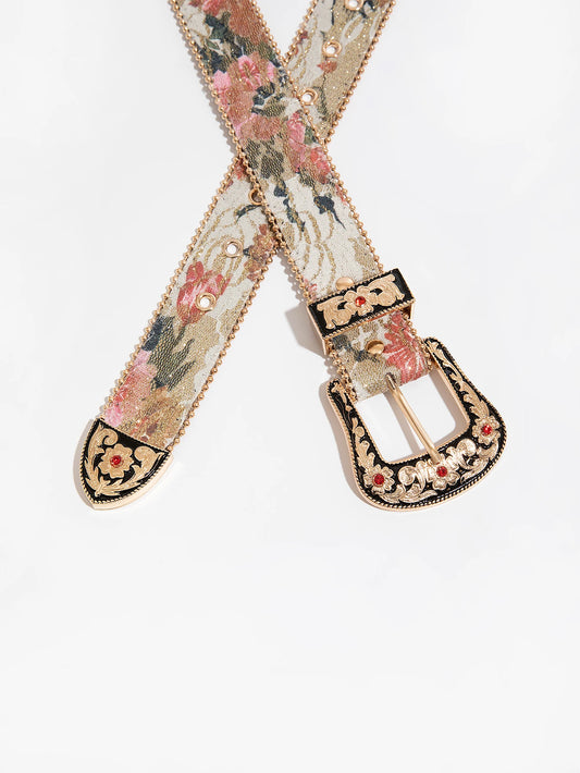 1pc gemstone engraved buckle floral oil painting pattern PU Leather. 1.4 Inches wide and up to 48 Inches Long