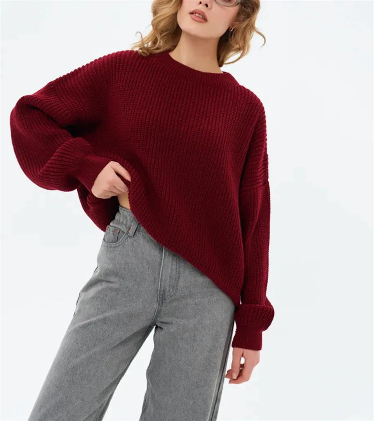 Chunky Knit Oversized Crew-Neck Pullover Sweater, 16 Colors