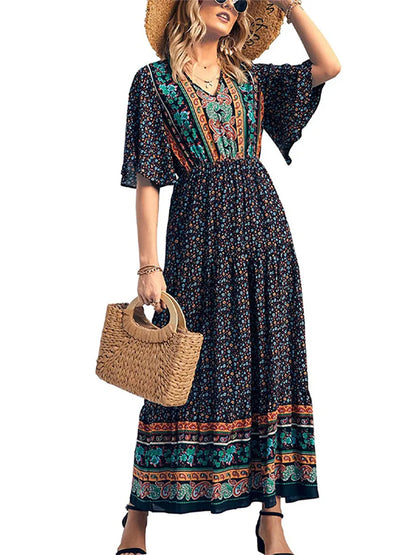 Maxi Length Boho Print Short Bell Sleeves V Neck High Waisted
