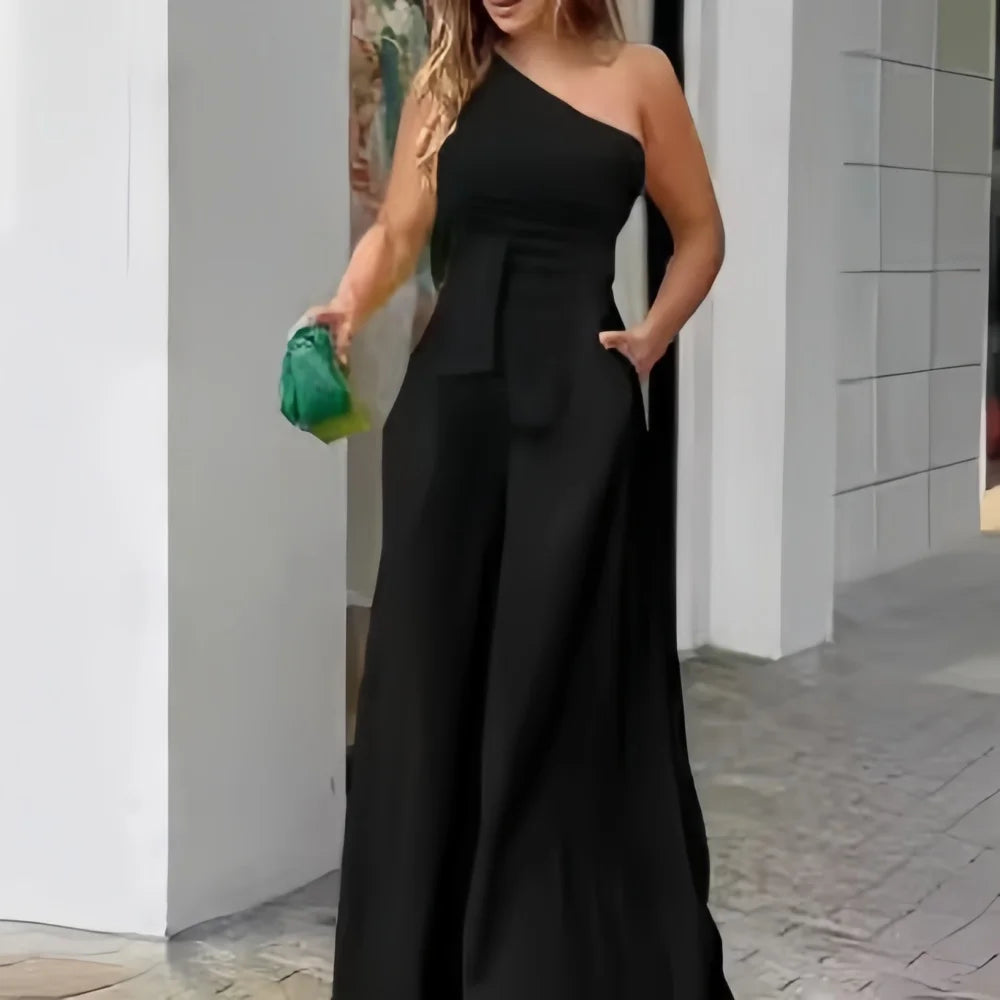 Off-The-Shoulder Casual High Waisted Extremely Wide Leg Casual or Dressy Jumpsuit Comes in 4 Colors