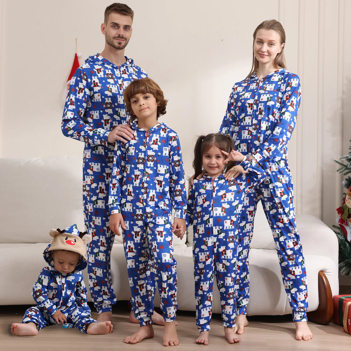 Family Rompers pajamas, hooded, zipper front, long sleeves and long pant legs, Comes in Red and Green