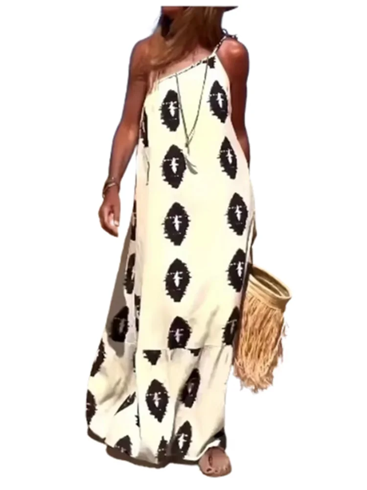Bohemian Dress to 2XL  One Sloping Shoulder, Loose Long Dress