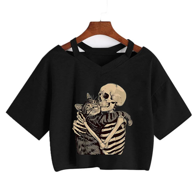 Halloween Skeleton and Cat Print Cropped T-Shirt, Comfortable Short Sleeve Gothic Vintage