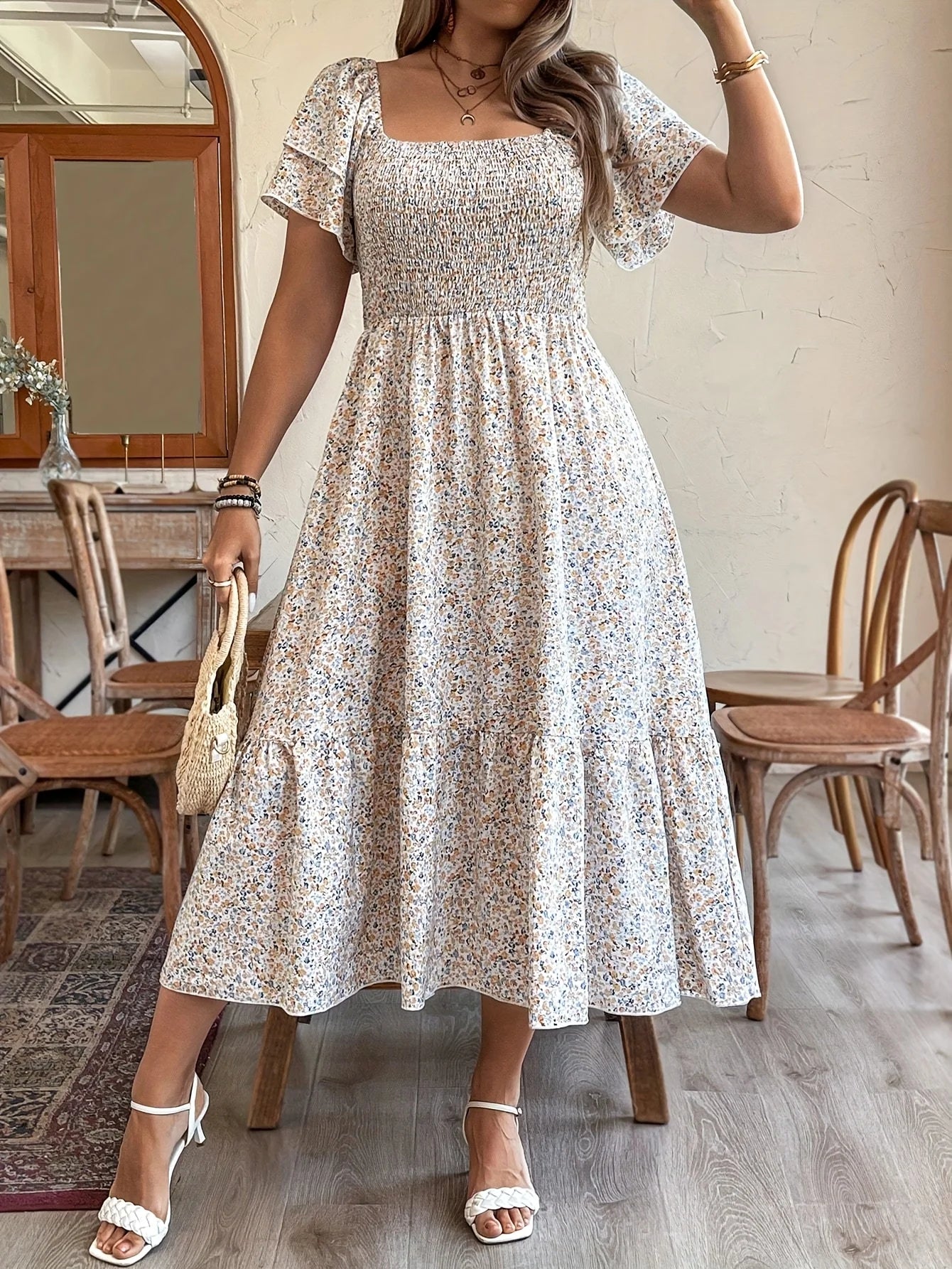 Boho Floral Print, Sizes to 4XL, Square Neck, High Elastic Waist, A-Line Short Bell Sleeves, Elastic Top, Midi Dress