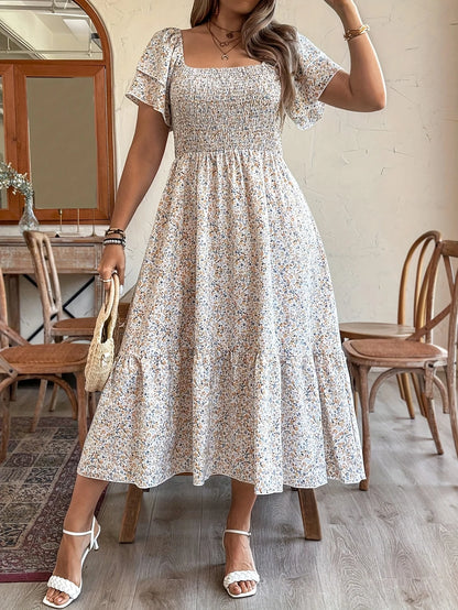 Boho Floral Print, Sizes to 4XL, Square Neck, High Elastic Waist, A-Line Short Bell Sleeves, Elastic Top, Midi Dress
