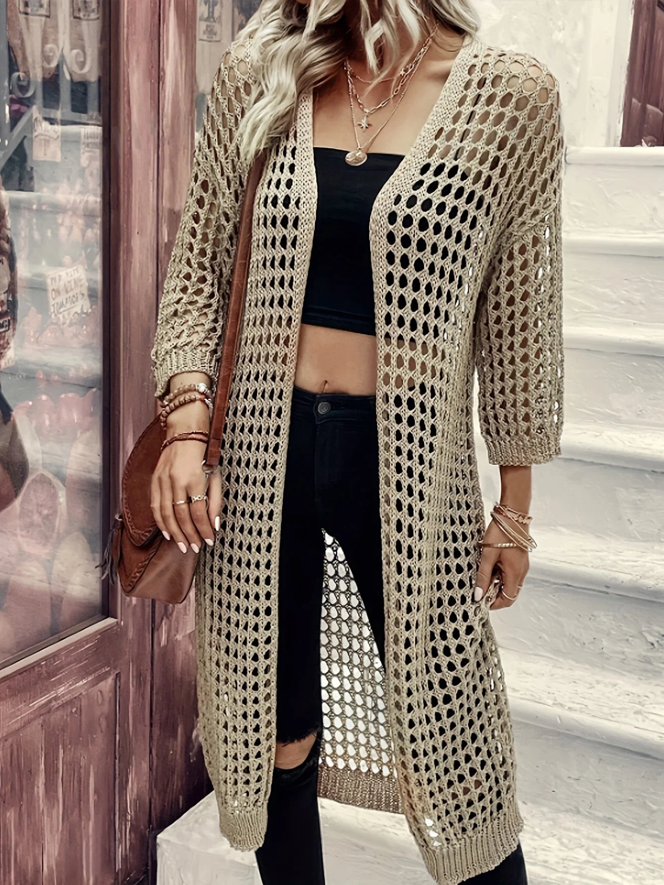 Long Hollowed Out Knit Cardigan, Spring Summer V-neck Mid-length Loose Casual