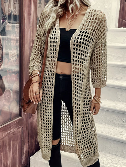 Long Hollowed Out Knit Cardigan, Spring Summer V-neck Mid-length Loose Casual
