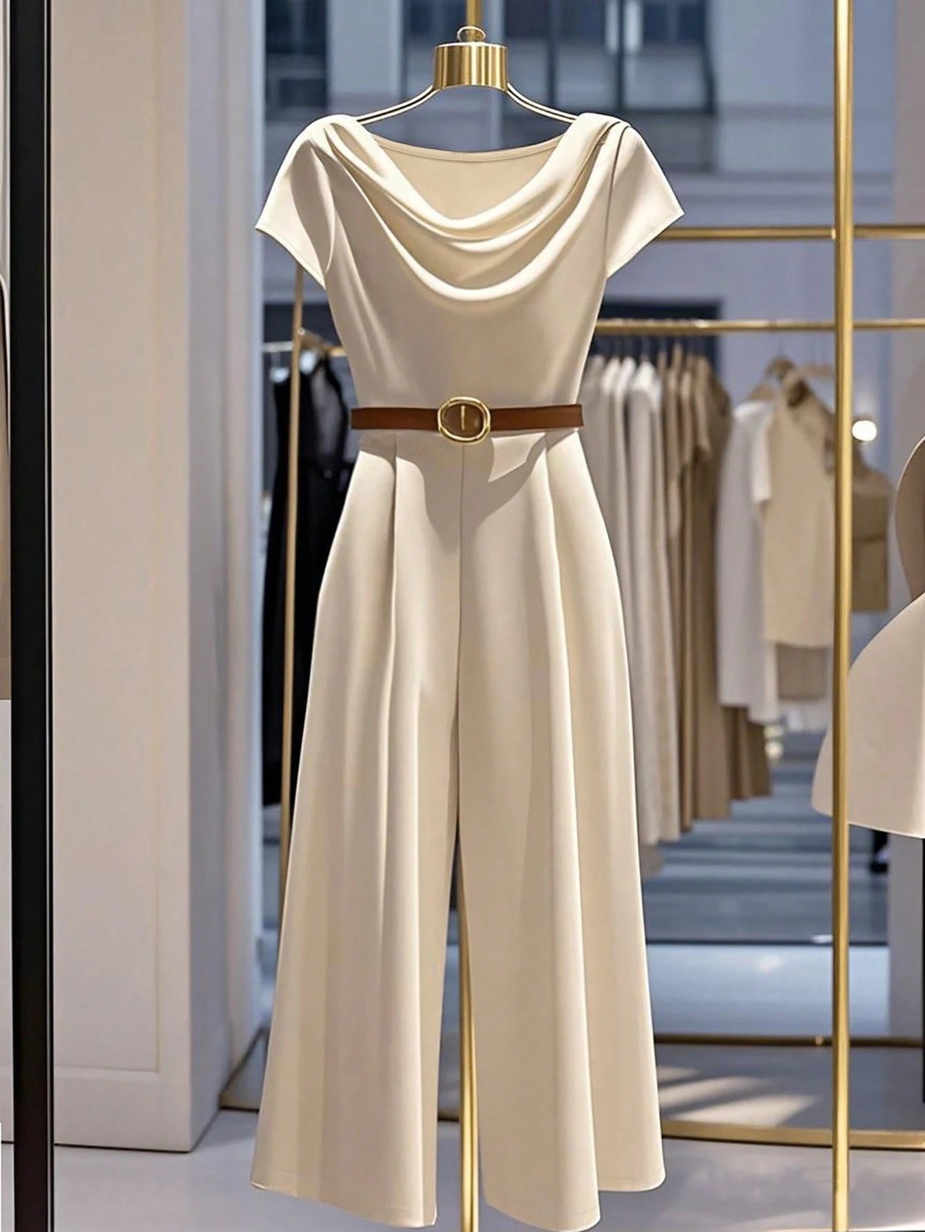 European American style satin jumpsuit with pile collar, wide legs, and belted