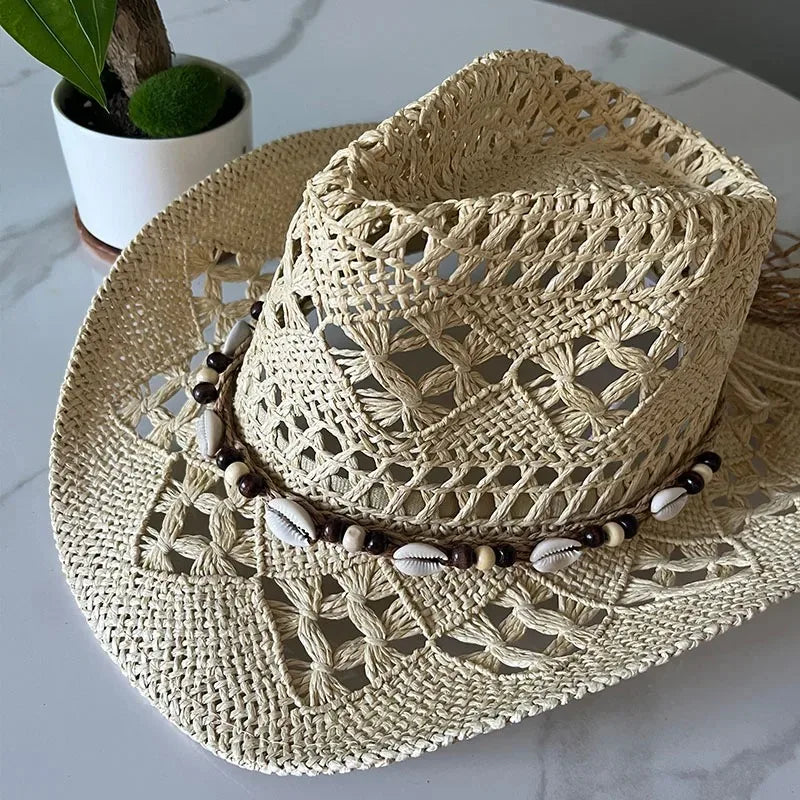 Bohemian 100% Recycles Paper Cowboy Hats with Wooden Beads and Shells Western wear 8 choices