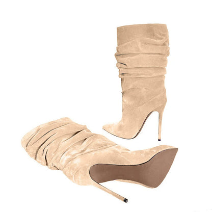 Women Beige Suede Slouch Pointed Toe Stiletto Ankle Boots in Multi-colors: Red, Hot Pink, Grey, Black, Green, Brown, and Purple