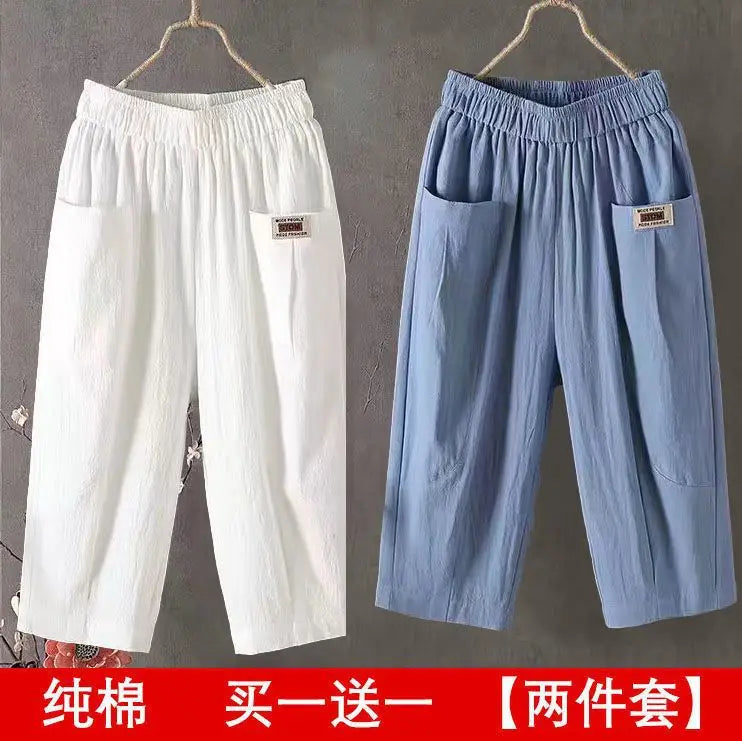Cotton Linen Cropped 3/4 Length Pants, Loose, Linen with Elastic Waist and Pockets