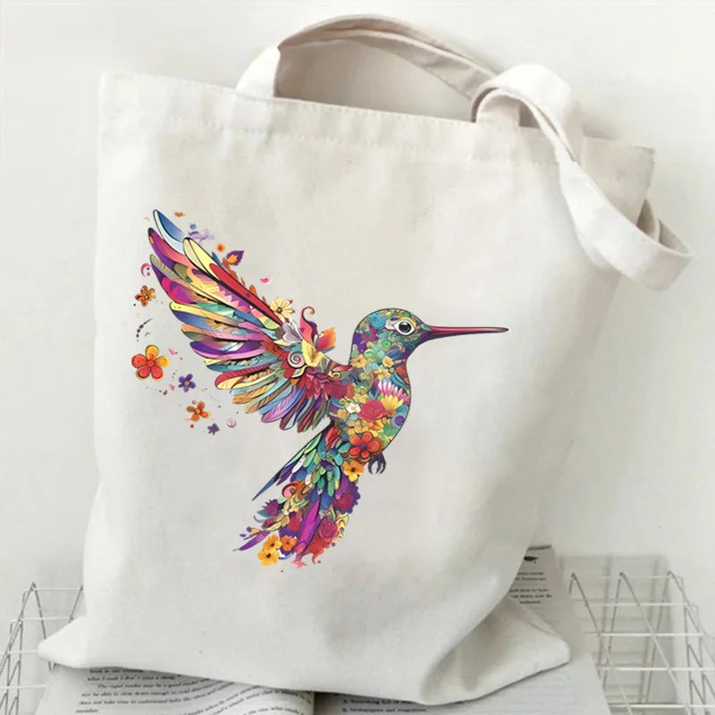 Colorful Hummingbird Canvas Shoulder Bag Flower Pattern. GREAT TO USE AS A GIFT BAG--WHY USE PAPER???