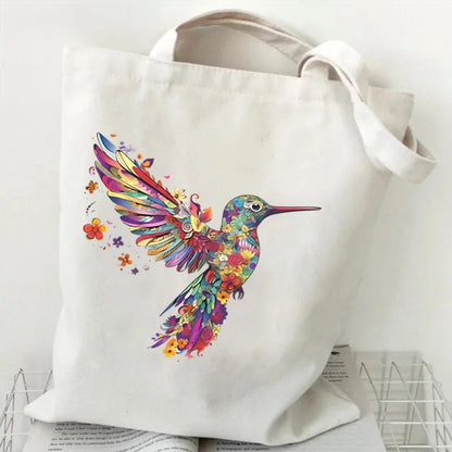 Colorful Hummingbird Canvas Shoulder Bag Flower Pattern. GREAT TO USE AS A GIFT BAG--WHY USE PAPER???