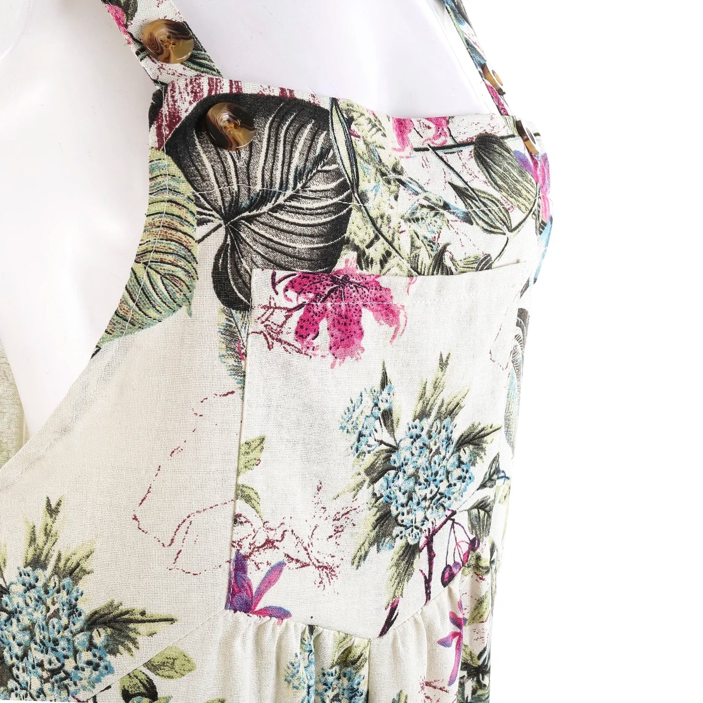 Floral Print, Square Neck, Sleeveless, Casual Overalls with Pockets