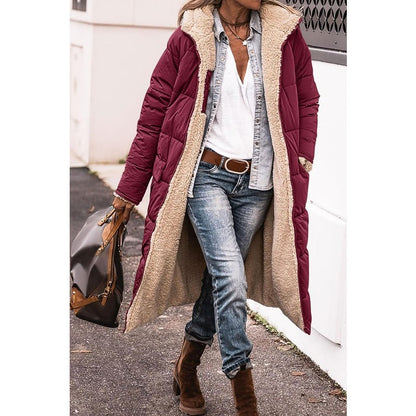 Reversible Sherpa Fleece, Long, Hooded Puffer Coats. Check colors: Brown, Green, Black, Burgundy, Light Gray